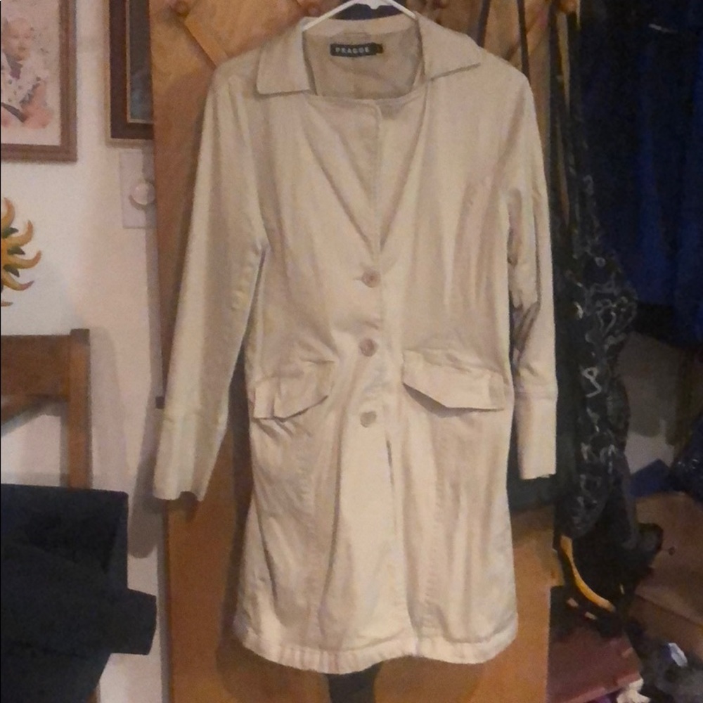 Size Large, tan, Prague trench-like coat.
